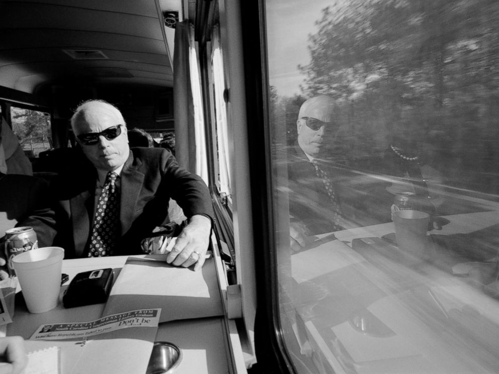 PHOTO: Senator John McCain on The Straight Talk Express, Jan. 7, 2000 in Columbia, South Carolina.