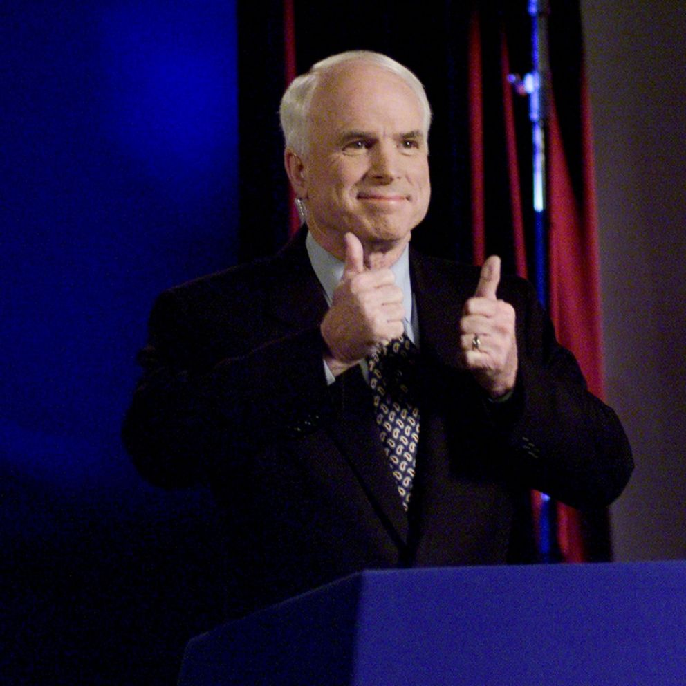 PHOTO: Arizona Senator and Republican presidential hopeful John McCain participates candidates debate via satellite from St. Louis, March 2, 2000.