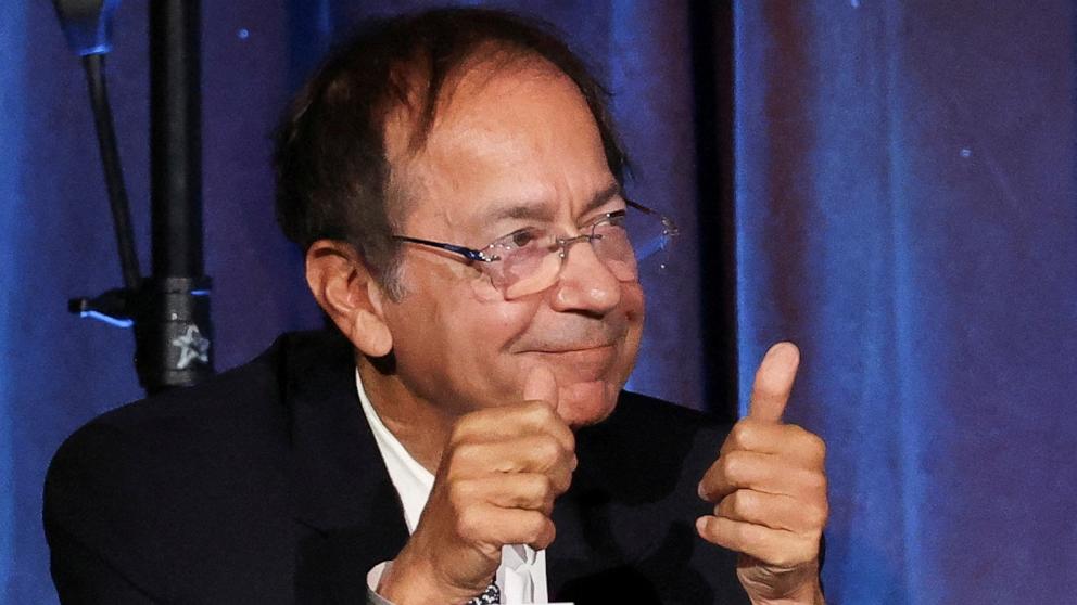 PHOTO: Investor John Paulson gives thumbs up after asking a question as Republican presidential candidate and former U.S. President Trump addresses the Economic Club of New York, in New York City, Sept. 5, 2024. 