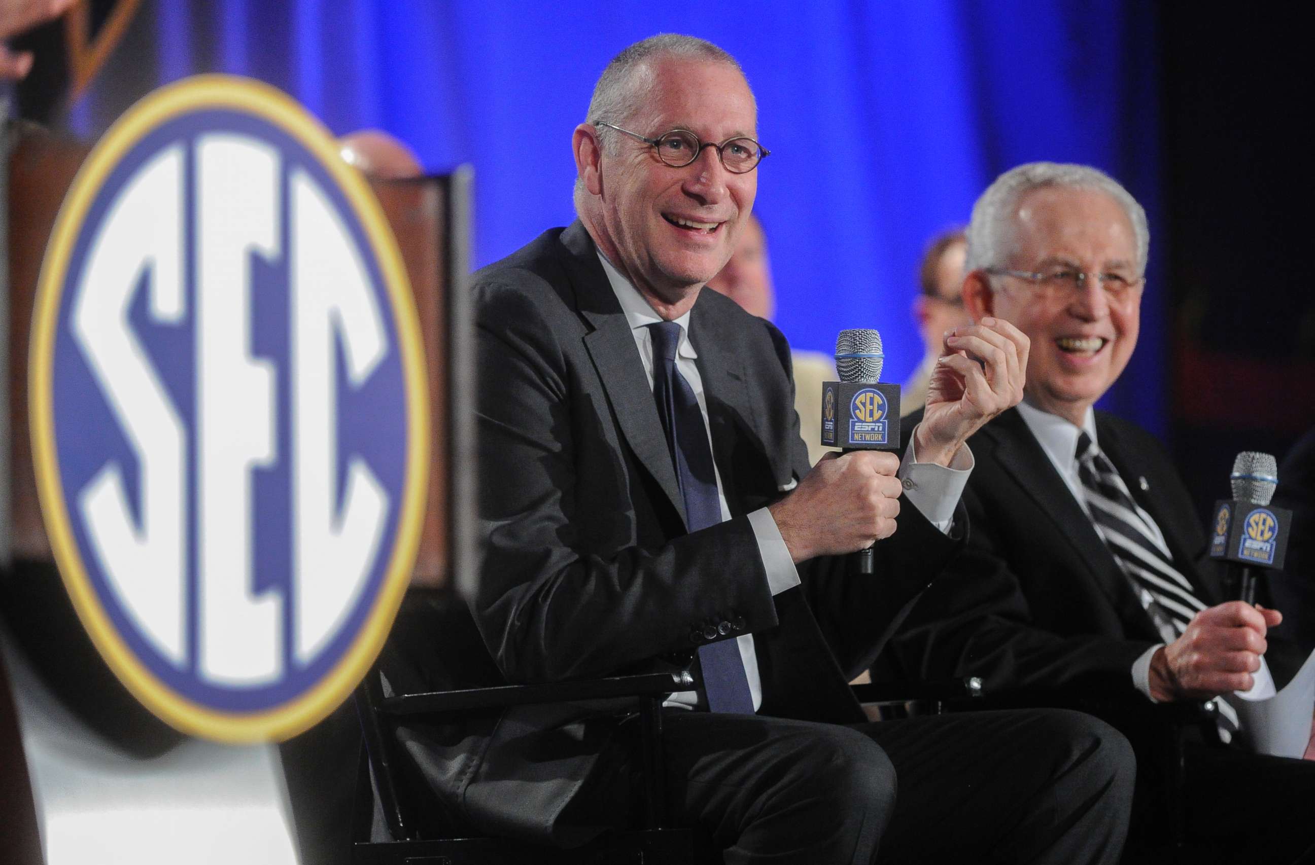 PHOTO: ESPN President John Skipper, left, and Southeastern Conference Commissioner Mike Slive address the media during a news conference announcing the launching of the SEC Network in partnership with ESPN, held May 2, 2013, in Atlanta.