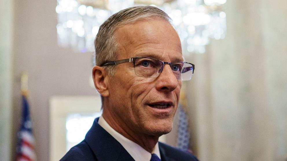 PHOTO: Senate Majority Leader John Thune speaks to journalists at the Capitol, in Washington, Feb. 18, 2025.