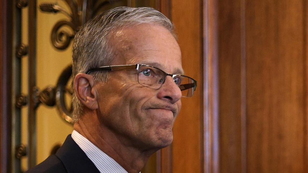PHOTO: Senate Majority Leader Sen. John Thune auses as he speaks to members of the press outside the Senate chamber at the U.S. Capitol, October 6, 2025 in Washington.