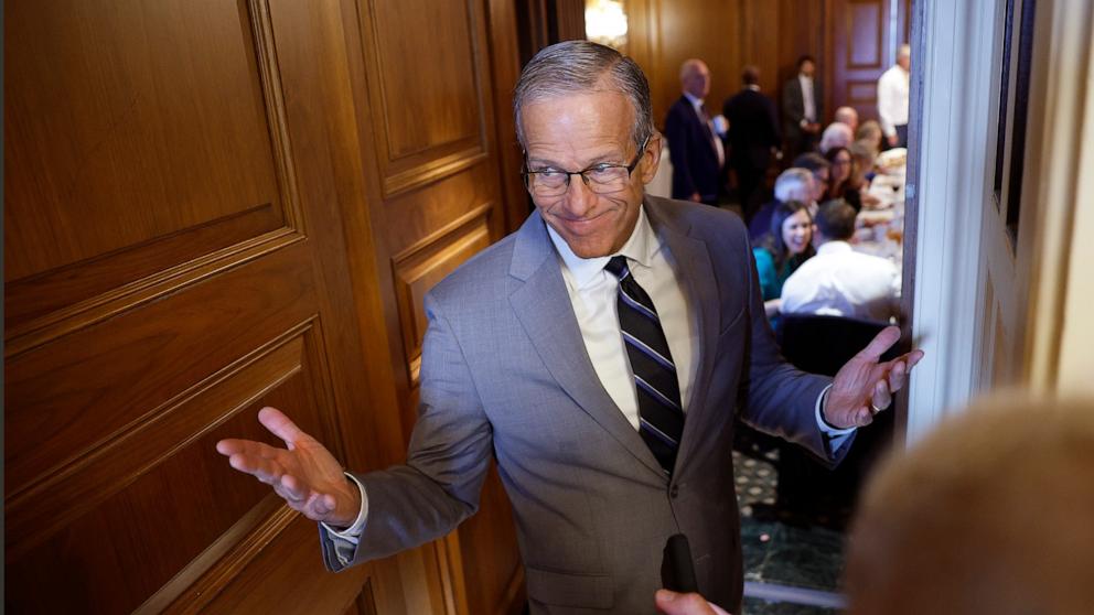 PHOTO: Senate Majority Leader John Thune speaks to members of the media as he walks to a Senate Republican meeting at the U.S. Capitol, October 08, 2025 in Washington.