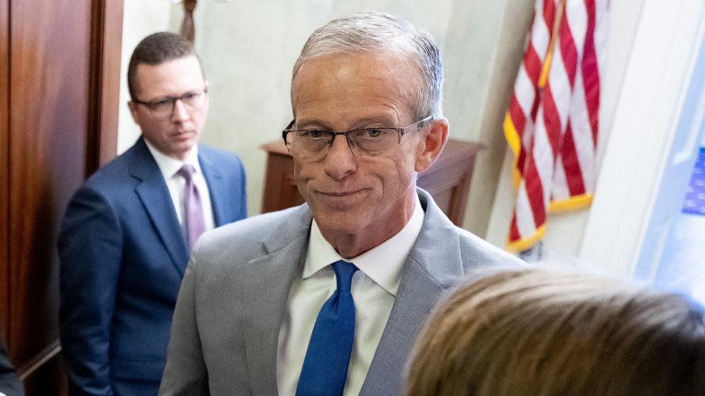 PHOTO: Senate Majority Leader John Thune speaks to reporters on day 37 of the government shutdown, at the US Capitol in Washington, November 6, 2025. 