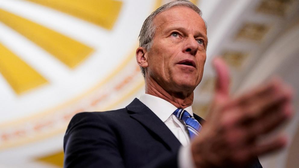 PHOTO: Senate Majority Leader John Thune speaks to reporters following the weekly Senate Republican caucus policy luncheon at the U.S. Capitol, Feb. 25, 2025 in Washington.