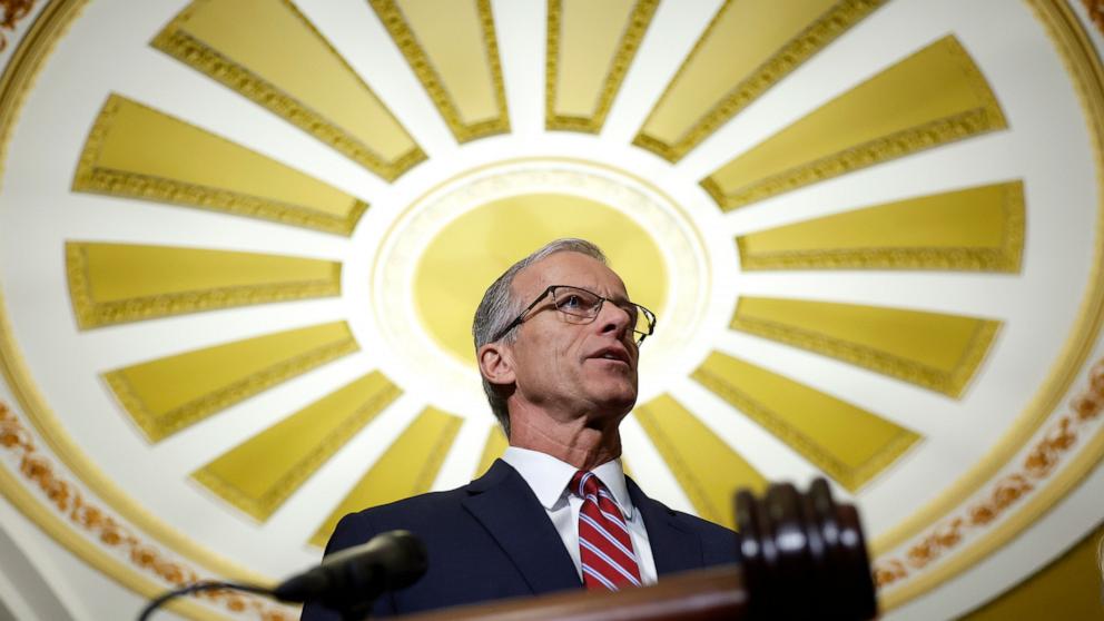 PHOTO: Senator John newly elected Senate Majority Leader for the upcoming 119th Congress, speaks to reporters at the U.S. Capitol, Nov. 13, 2024, in Washington.