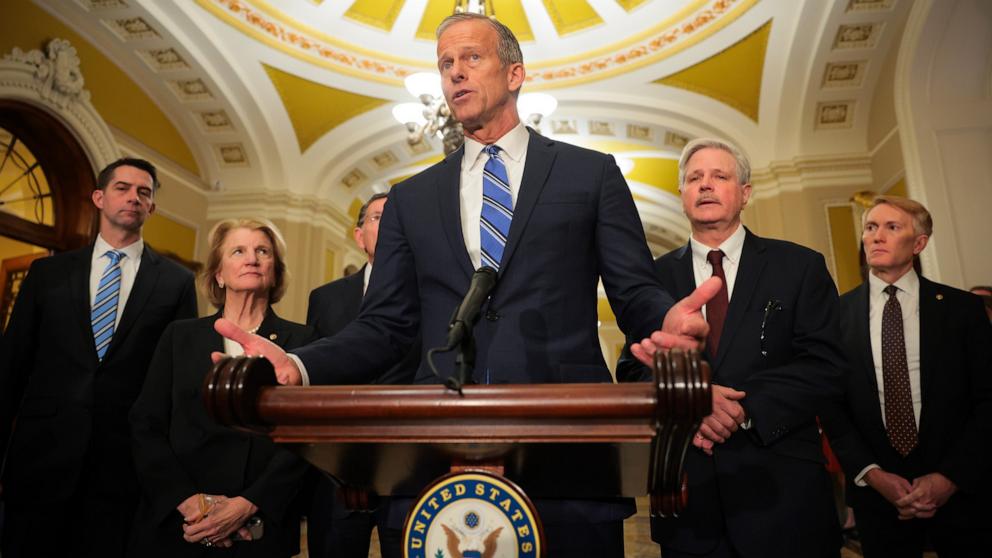 PHOTO: Senate Majority Leader John Thune accompanied by Sens. Tom Cotton, Shelley Moore Capito, Sen. John Hoeven and Sen. James Lankford speaks to reporters at the U.S. Capitol, Feb. 25, 2025 in Washington.