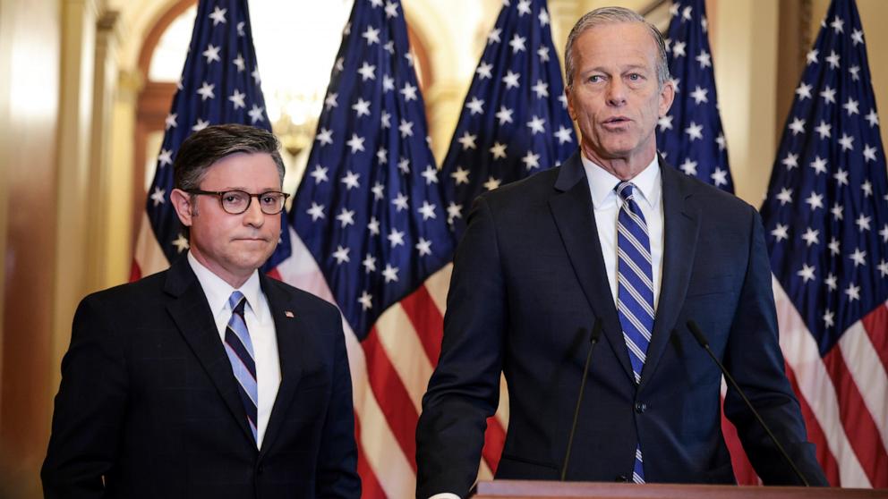 PHOTO: Senate Majority Leader John Thune and Speaker of the House Mike Johnson hold a press conference on the Republican budget bill at the U.S. Capitol, April 10, 2025 in Washington.