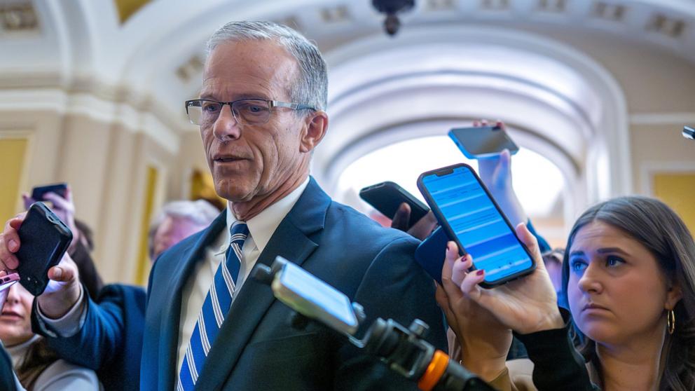 PHOTO: Senate Majority Leader John Thune speaks with congressional reporters at the Capitol in Washington, Nov. 7, 2025.