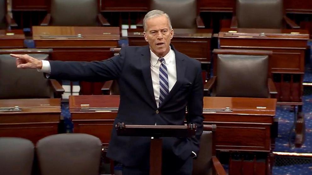 PHOTO: Senate Majority Leader John Thune speaks on the floor of the Senate in Washington, Nov. 7, 2025.