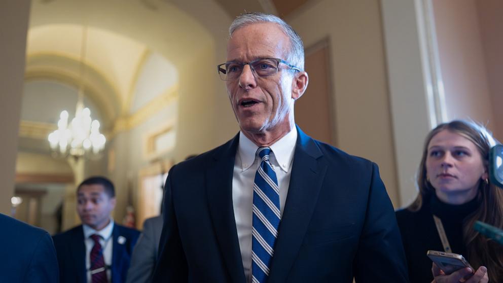 PHOTO: Senate Majority Leader John Thune speaks to reporters at the Capitol in Washington, Nov. 7, 2025.
