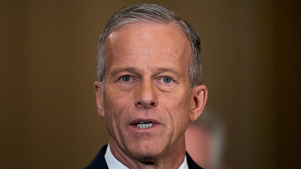 PHOTO: Senate Majority Leader John Thune, Republican from South Dakota, speaks to the press after the Republican weekly policy meeting at the U.S. Capitol in Washington, Mar. 4, 2025. 