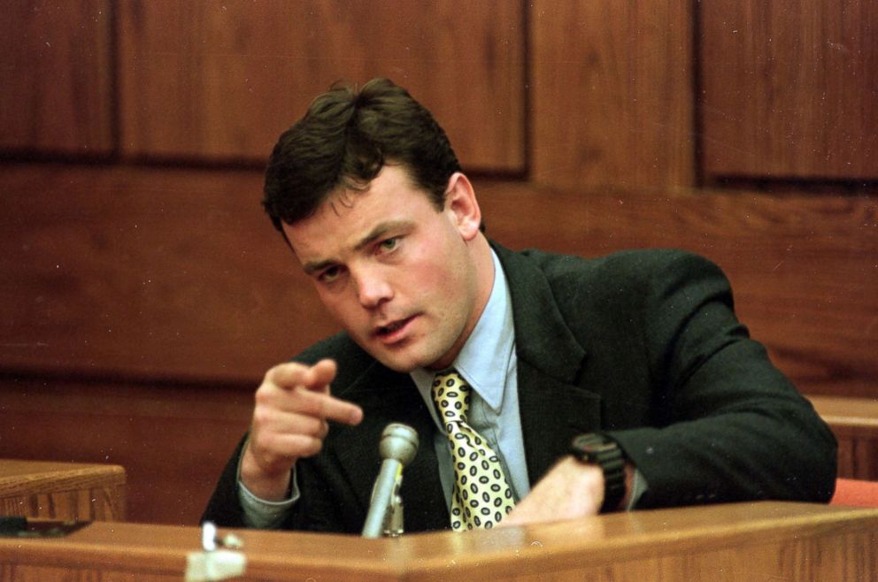 PHOTO: John Bobbitt points during testimony during Lorena Bobbitt's trial at the Prince William Courthouse in Manassas, Va., Jan. 19, 1994.