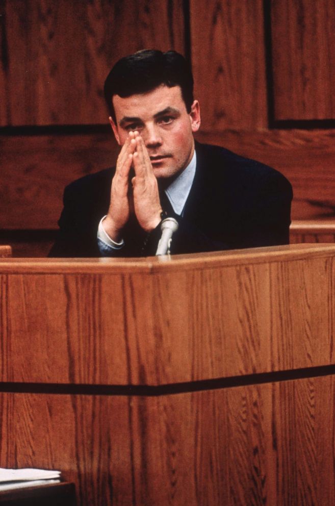 PHOTO: John Wayne Bobbitt testifying in court in Manassass, Virginia, against his estranged wife, Lorena, during her trial for cutting off his penis, Jan, 1994.