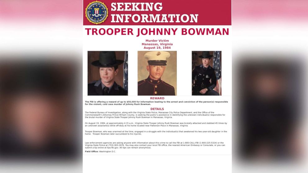 PHOTO: A wanted poster released by the F.B.I. with images of Virginia State Trooper Johnny Rush Bowman who was murdered in Manassas, Va., Aug. 19, 1984.