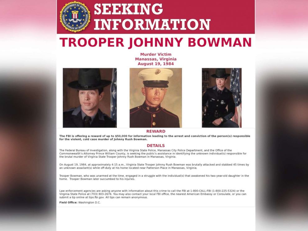PHOTO: A wanted poster released by the F.B.I. with images of Virginia State Trooper Johnny Rush Bowman who was murdered in Manassas, Va., Aug. 19, 1984.
