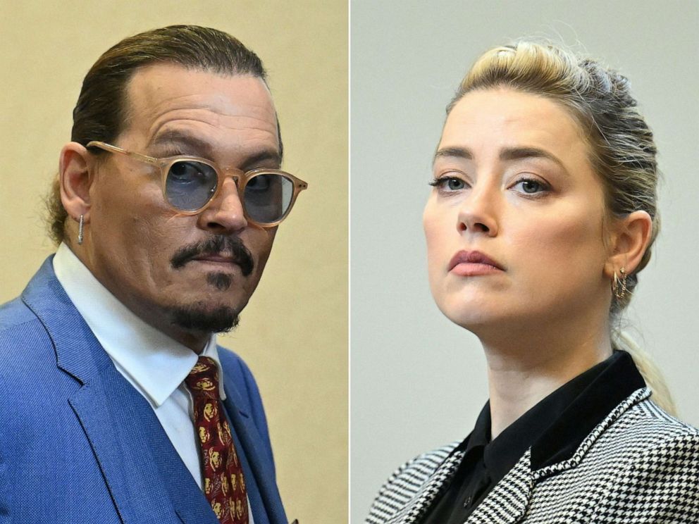 PHOTO: Johnny Depp attending the trial at the Fairfax County Circuit Courthouse in Fairfax, Va., on May 24, 2022, and Amber Heard looking on in the courtroom at the Fairfax County Circuit Courthouse in Fairfax, Va., on May 24, 2022.