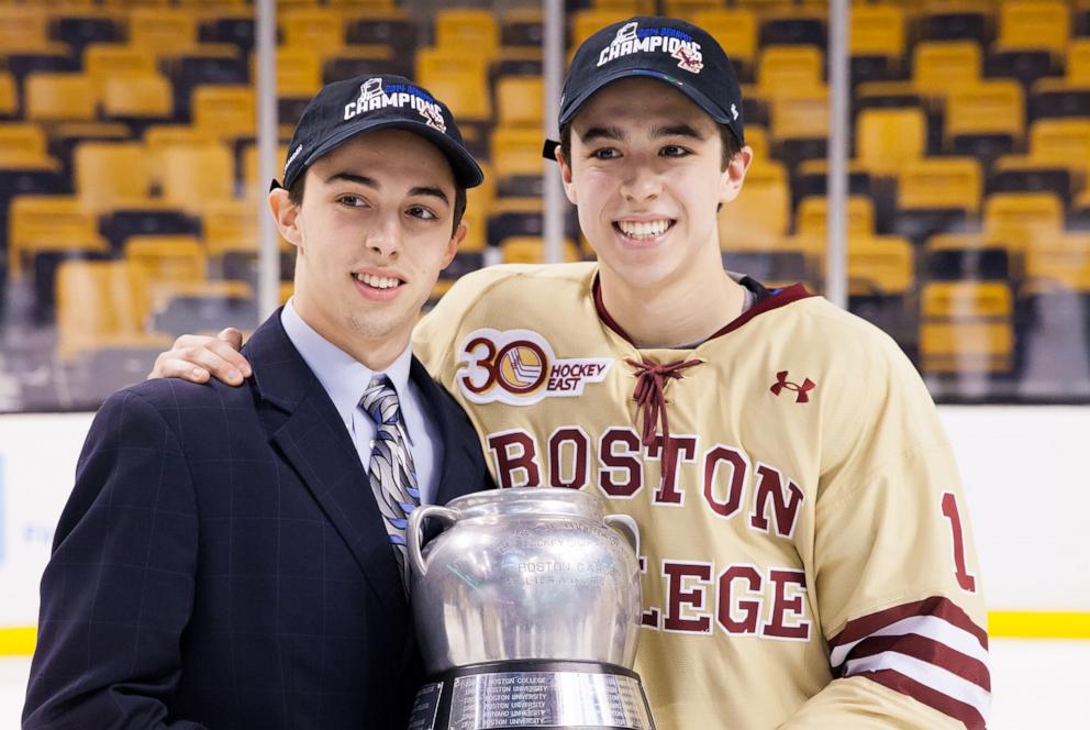 PHOTO: Brothers Johnny Gaudreau (R) and Matthew Gaudreau of the Boston College Eagles celebrate after the Eagles beat the Northeastern University Huskies to win their fifth Beanpot Championship, Feb. 10, 2014, in Boston.