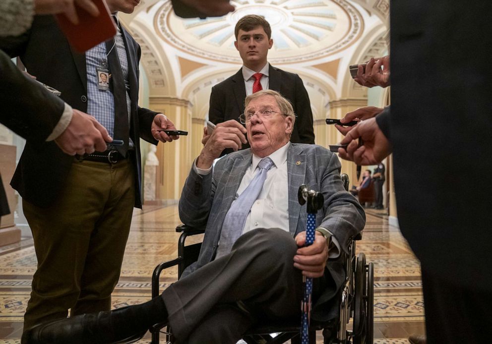 PHOTO: In this photo taken Tuesday, April 9, 2019, Sen. Johnny Isakson talks to reporters just outside the chamber as Senate negotiations over a disaster relief package for Puerto Rico broke down, at the Capitol in Washington, D.C.