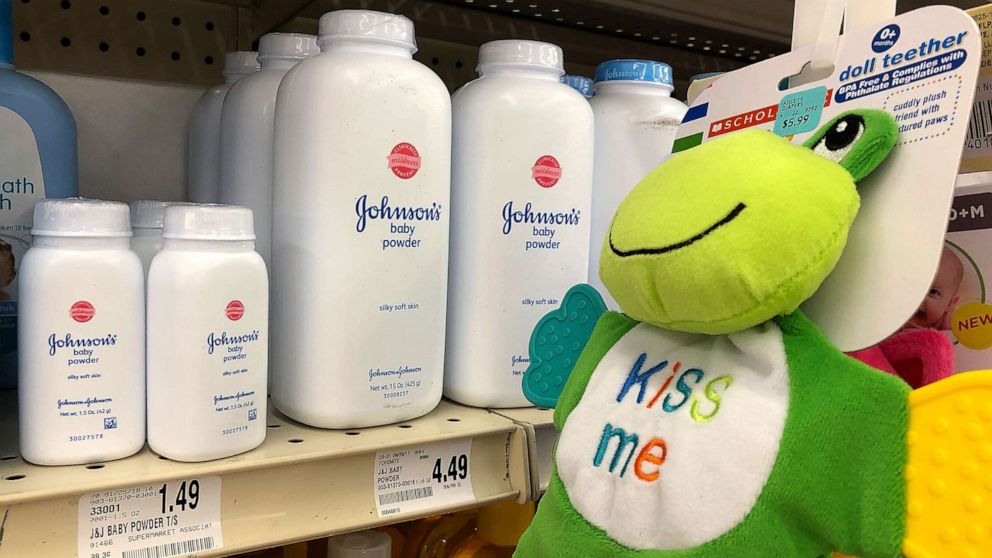 PHOTO: Containers of Johnson's baby powder made by Johnson and Johnson are displayed on a shelf on July 13, 2018 in San Francisco, Calif.