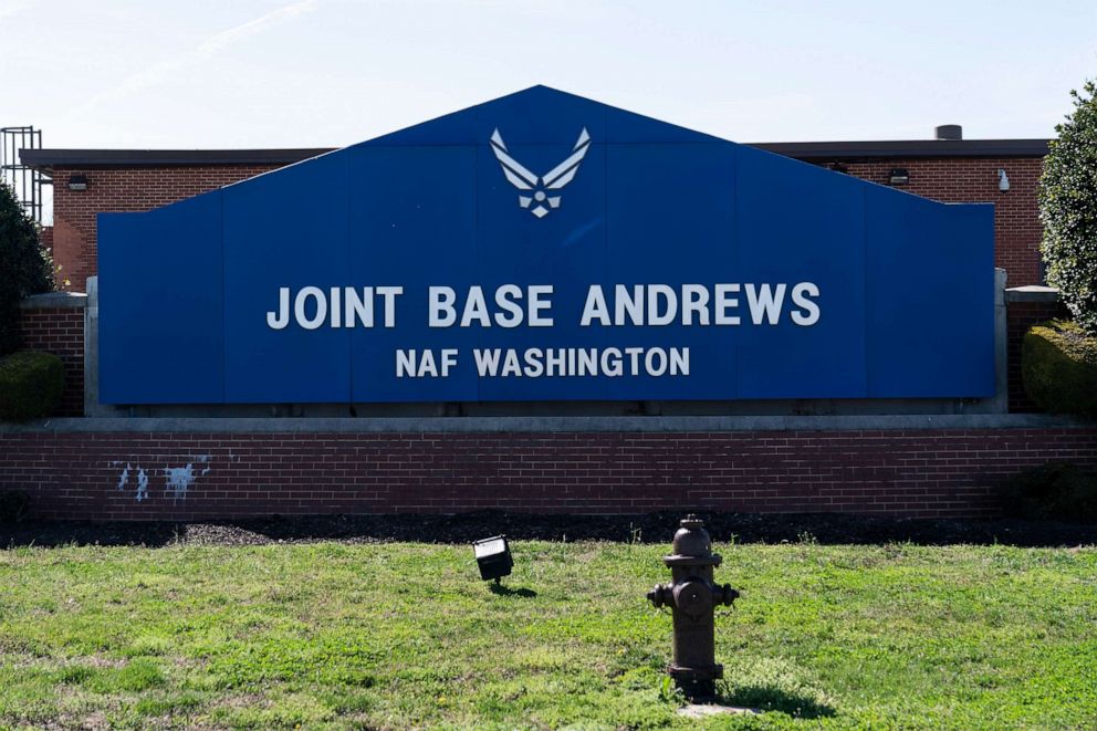 PHOTO: In this file photo, the sign for Joint Base Andrews is seen on March 26, 2021, at Andrews Air Force Base, Maryland.