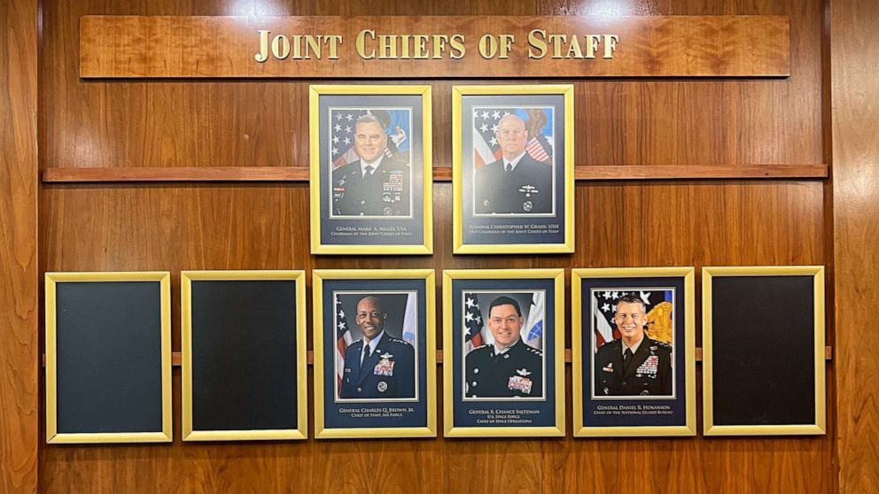 PHOTO: Missing portraits from the E Ring of the Pentagon shows the vacancies for the Chiefs of Staff for the Army, Marine Corps and Navy.