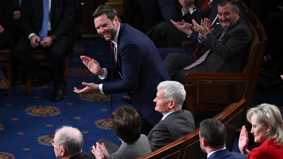 PHOTO: Vice President-elect J.D. Vance applauds as he attends a joint session of Congress to certify the results of the 2024 Presidential election, inside the House Chamber at the US Capitol, Jan. 6, 2025, in Washington.