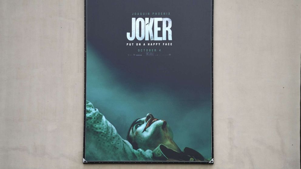 PHOTO: A poster for the upcoming film "The Joker" is seen outside Warner Brothers Studios in Burbank, Calif., Sept. 27, 2019.