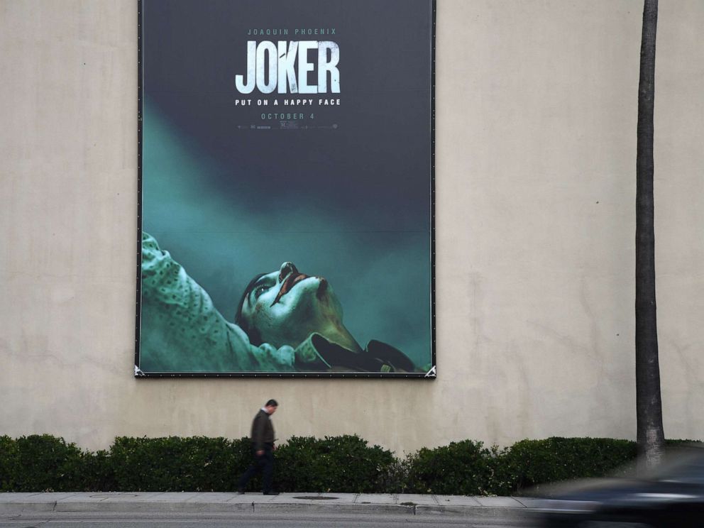 PHOTO: A poster for the upcoming film The Joker is seen outside Warner Brothers Studios in Burbank, Calif., Sept. 27, 2019.