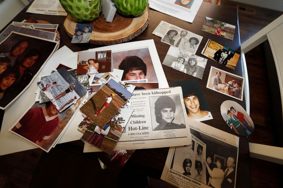 PHOTO: Family photographs of Jonelle Matthews, who went missing just before Christmas 1984 and whose remains were found in Greeley, Colo. in 2019, sit on a table in a home in Greeley, Aug. 12, 2019.