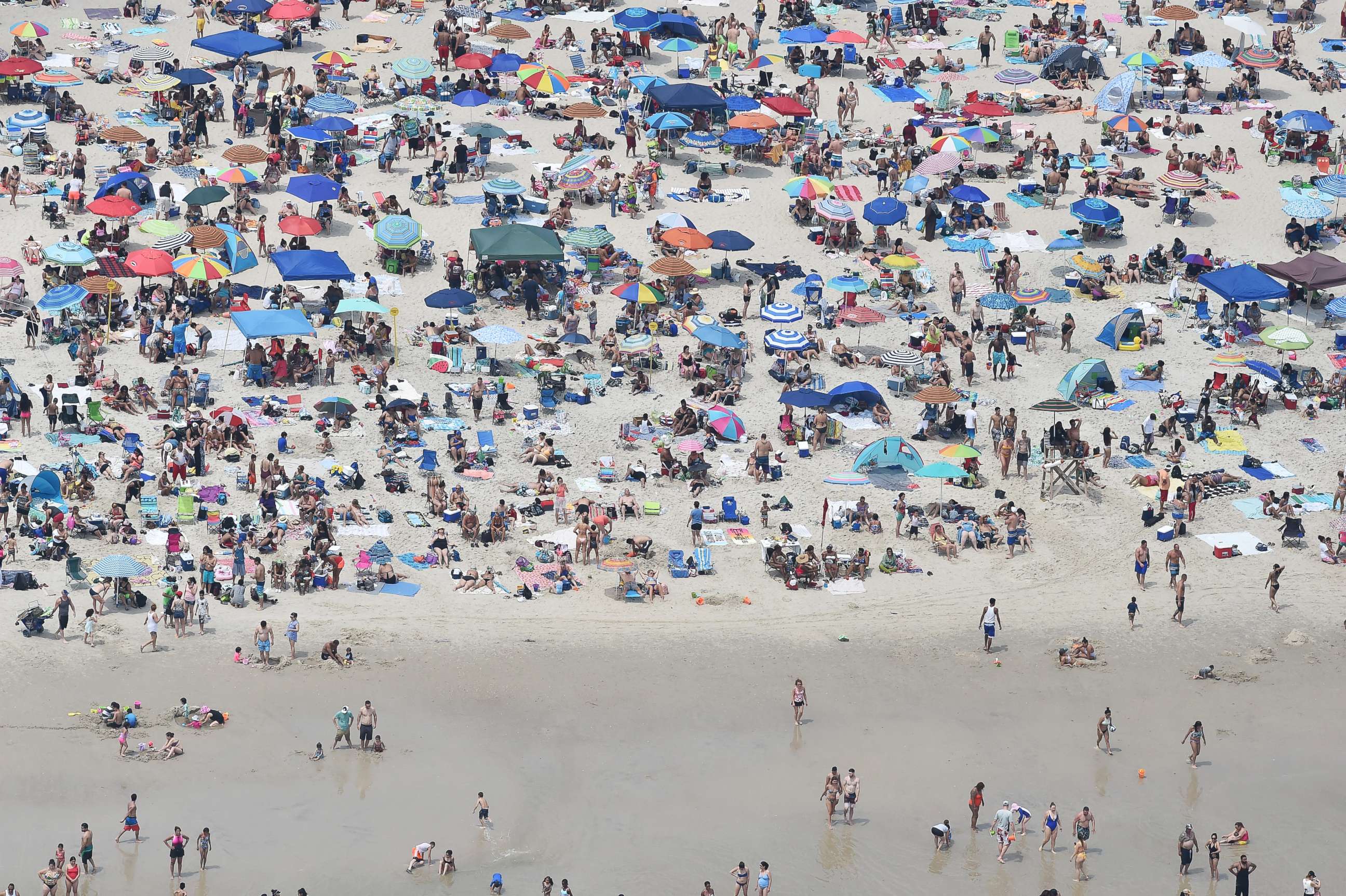 PHOTO: Crowded beach on a very hot day, as seen from an aircraft flying over beach areas, July 1, 2018, Jones Beach Island, N.Y.