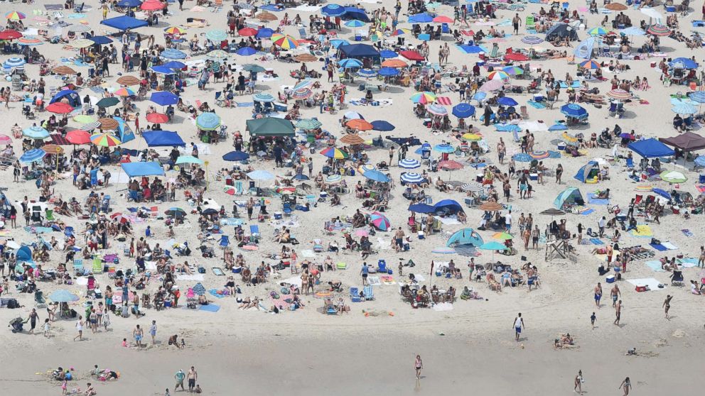 PHOTO: Crowded beach on a very hot day, as seen from an aircraft flying over beach areas, July 1, 2018, Jones Beach Island, N.Y.