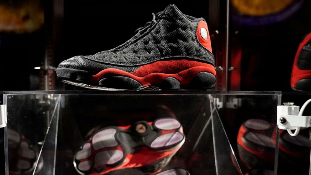 PHOTO: Michael Jordans 1998 NBA Finals Air Jordan XIIIs sneakers are displayed during in New York, April 6, 2023, at Sothebys for the upcoming auction of sports artifacts.