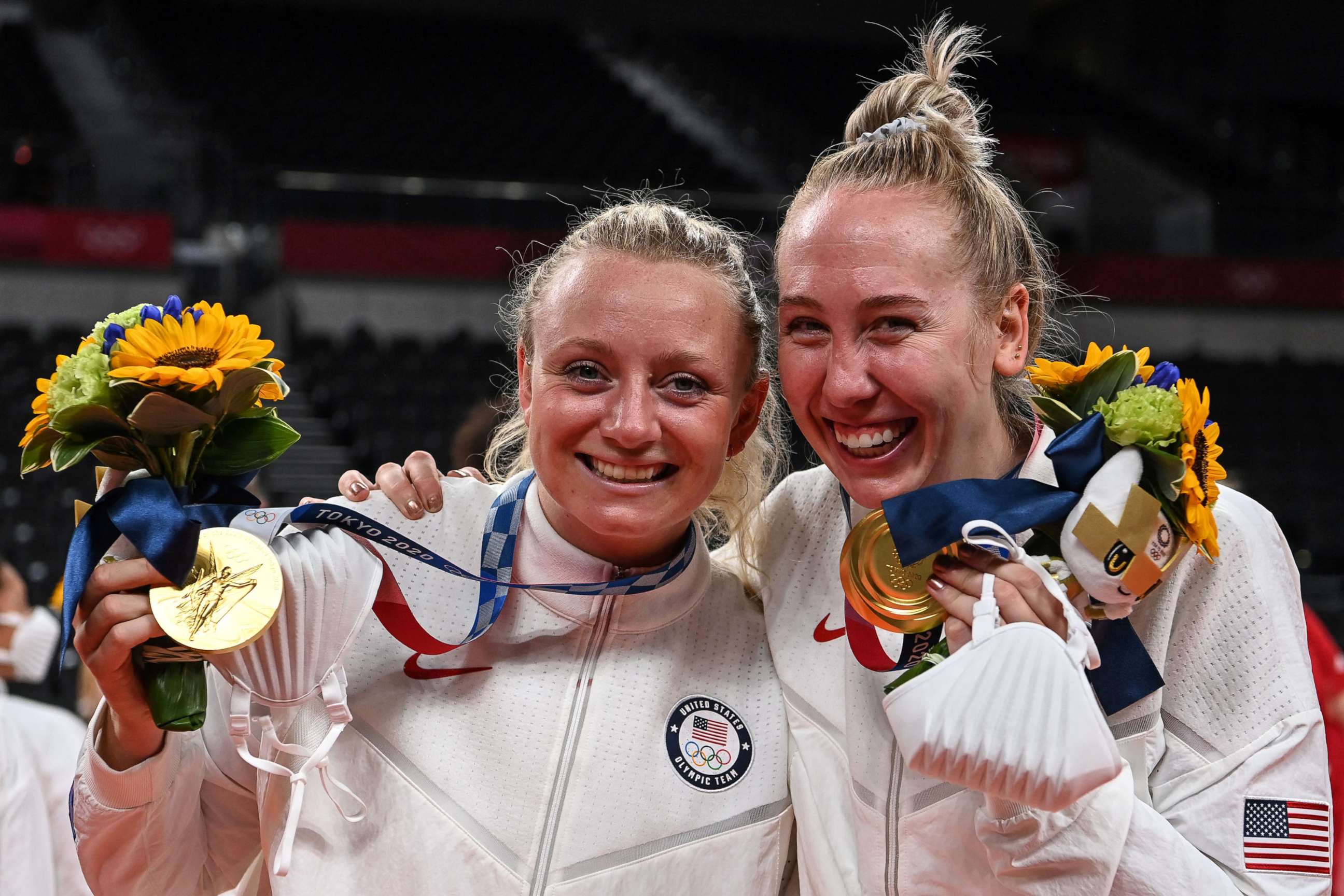 PHOTO: In this Aug. 8, 2021, file photo, USA's Jordyn Poulter and Michelle Bartsch-Hackley pose with their gold medals during the women's volleyball victory ceremony during the Tokyo 2020 Olympic Games at Ariake Arena in Tokyo.