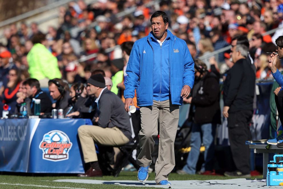 PHOTO: UCLA men's soccer head coach Jorge Salcedo stands on the sidelines during a game at WakeMed Stadium in Cary, N.C., Dec. 14, 2014.