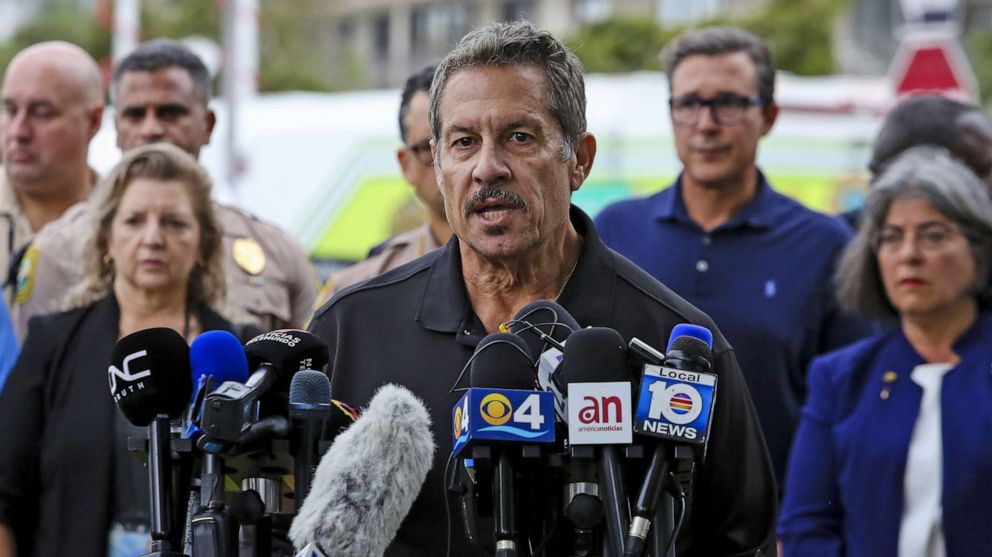 PHOTO: Miami-Dade County Commissioner Jose "Pepe" Diaz speaks during a press conference after 12-storey Champlain Tower partially collapsed in Surfside, Fla, June 24, 2021.