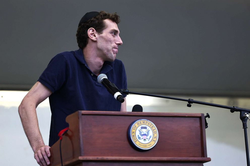 PHOTO: Joseph Borgen, a recent victim of a hate crime, speaks during a rally denouncing anti-Semitic violence on May 27, 2021, in Cedarhurst, N.Y.