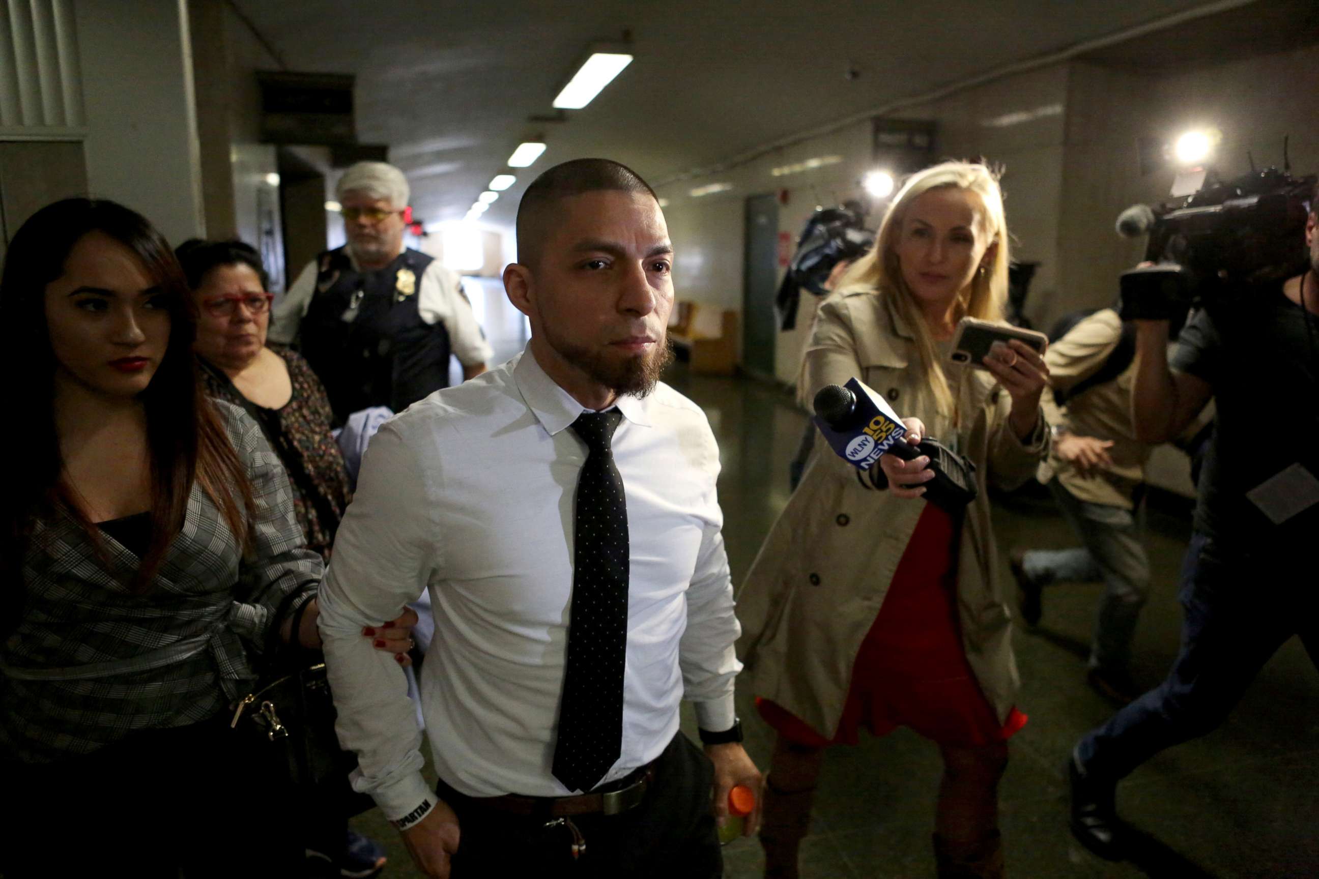 PHOTO: New York Police Department Detective Joseph Franco is escorted to his arraignment in Manhattan, April 24, 2019.