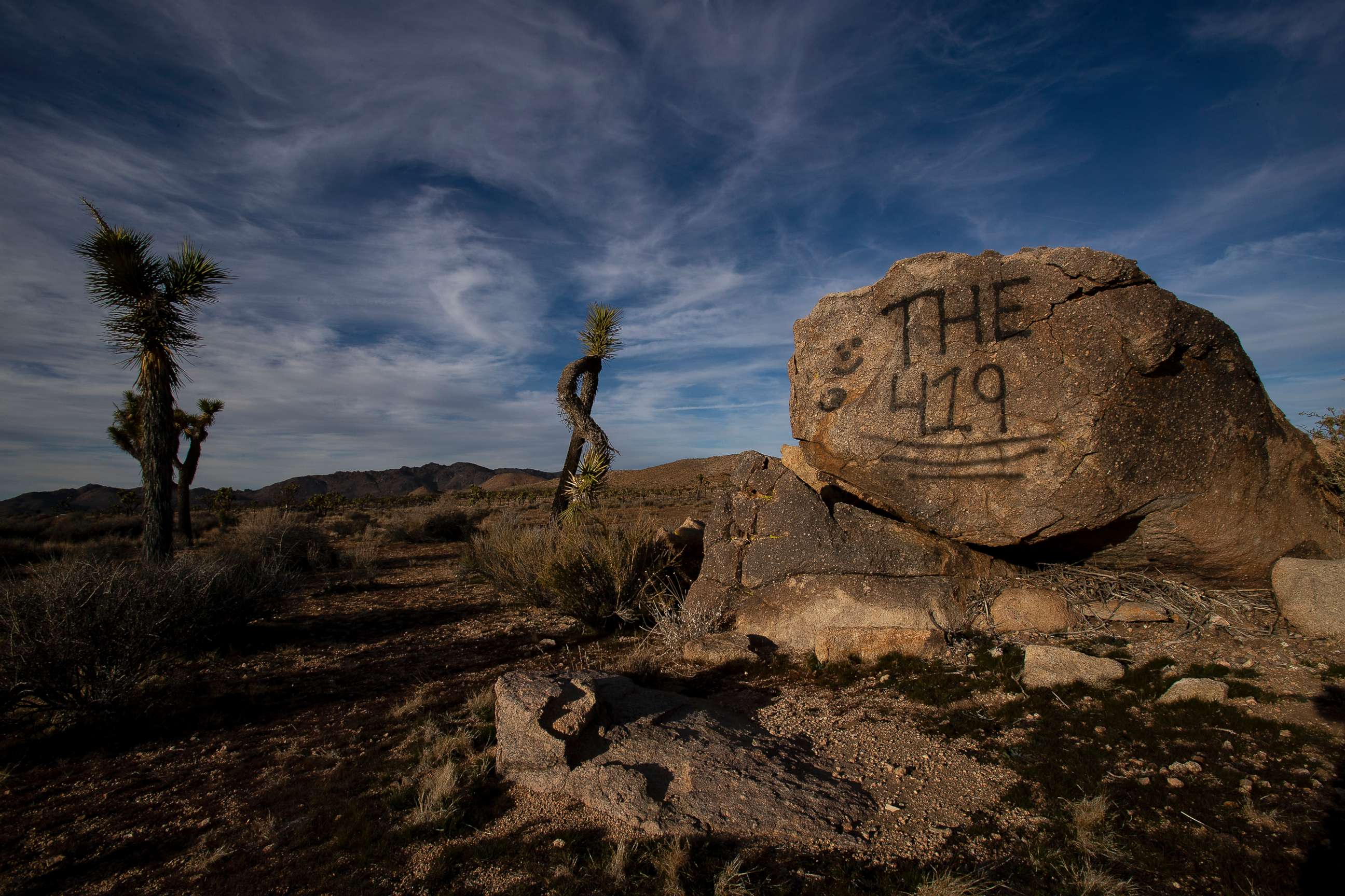 PHOTO: A rock has been vandalized with graffiti in Joshua Tree National Park on Jan. 8, 2019 in Joshua Tree, Calif.