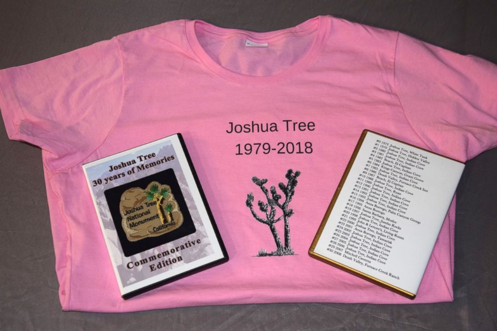 PHOTO: T-shirts designed for the 40th year of "Joshua Tree" along with a copy of a commemorative DVD and trip information for the 30th year.