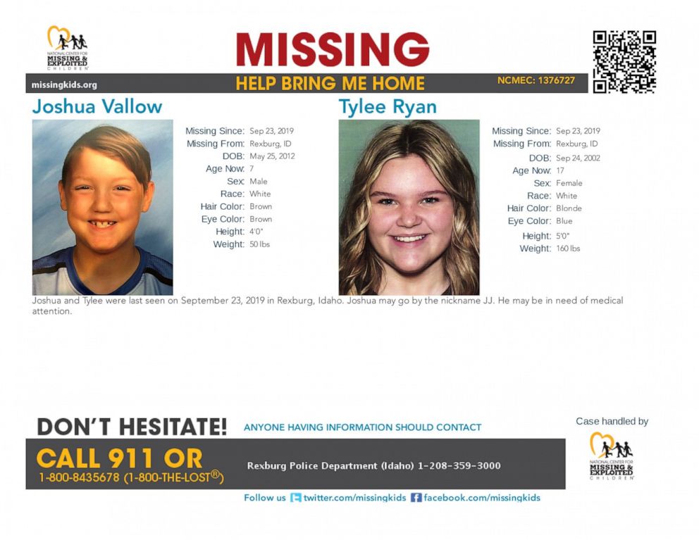 PHOTO: A flyer released by Rexburg Police Department shows Joshua Vallow, 7, and Tylee Ryan, 17, who authorities consider to be in danger.