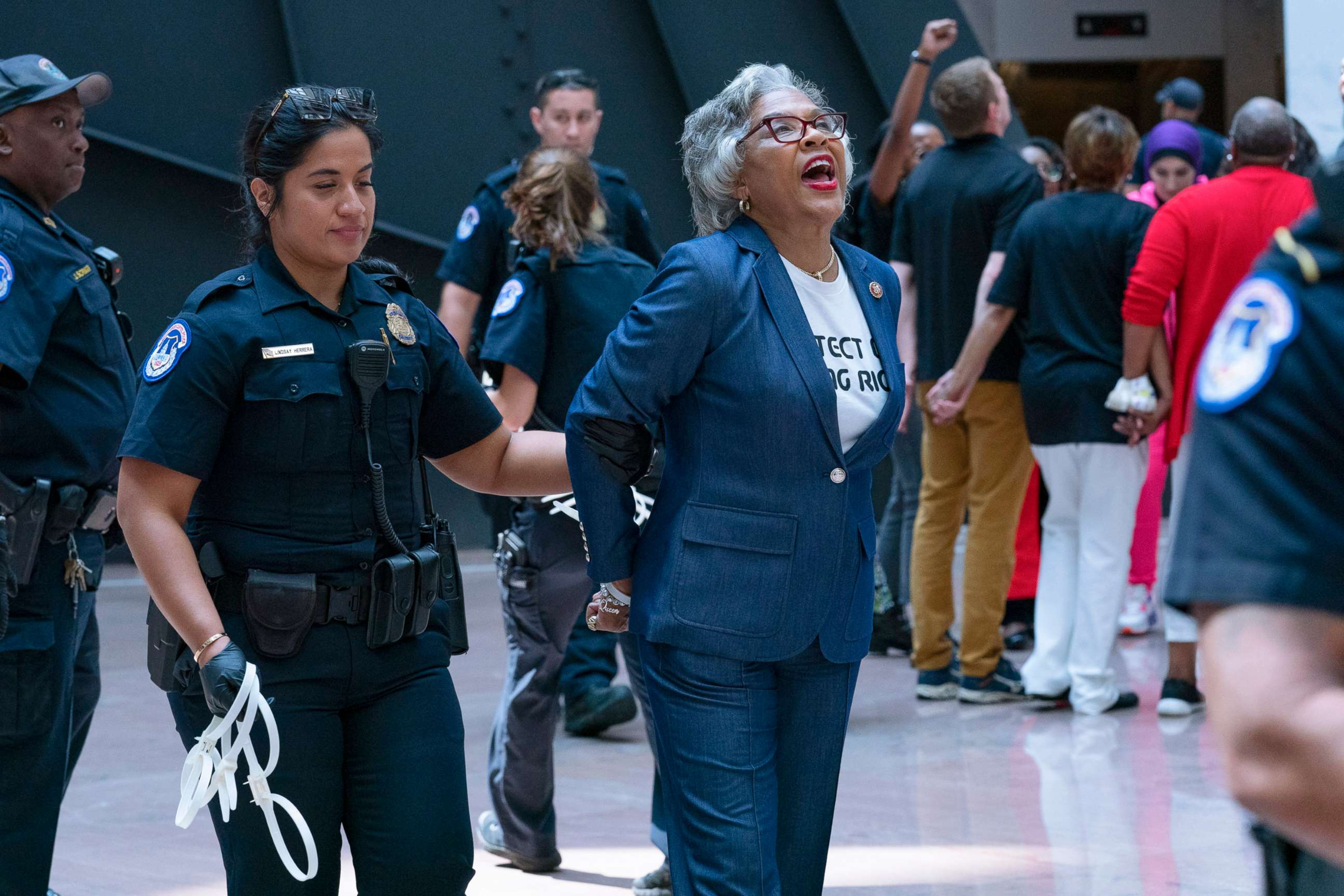 PHOTO: Rep. Joyce Beatty, chairwoman of the Congressional Black Caucus is taken into custody by U.S. Capitol Police officers in the Hart Senate Office Building, after a demonstration supporting the voting rights, July 15, 2021, in Washington, D.C.