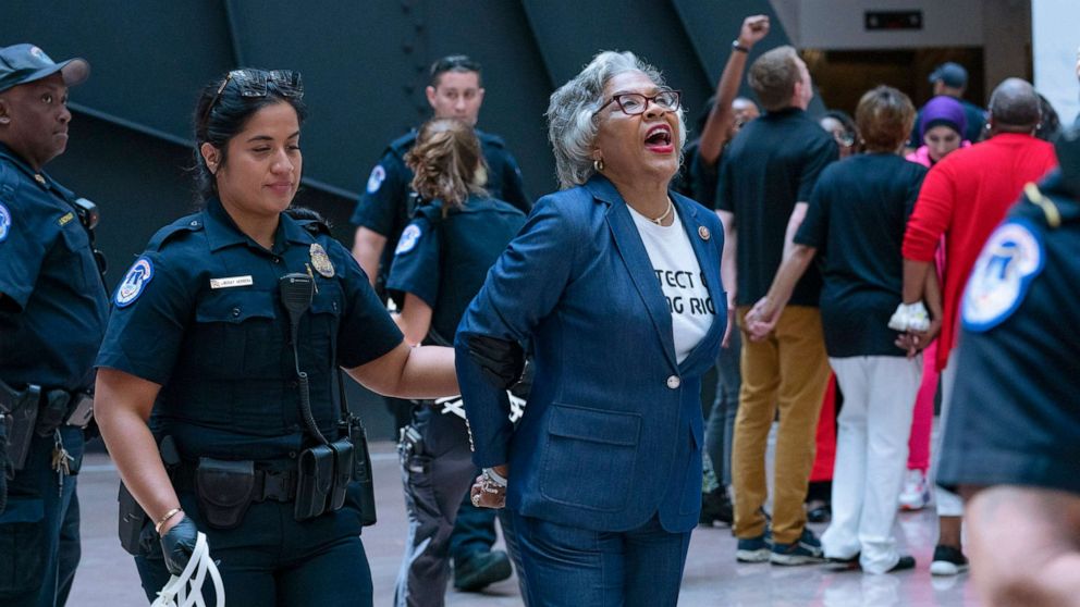 PHOTO: Rep. Joyce Beatty, chairwoman of the Congressional Black Caucus is taken into custody by U.S. Capitol Police officers in the Hart Senate Office Building, after a demonstration supporting the voting rights, July 15, 2021, in Washington, D.C.