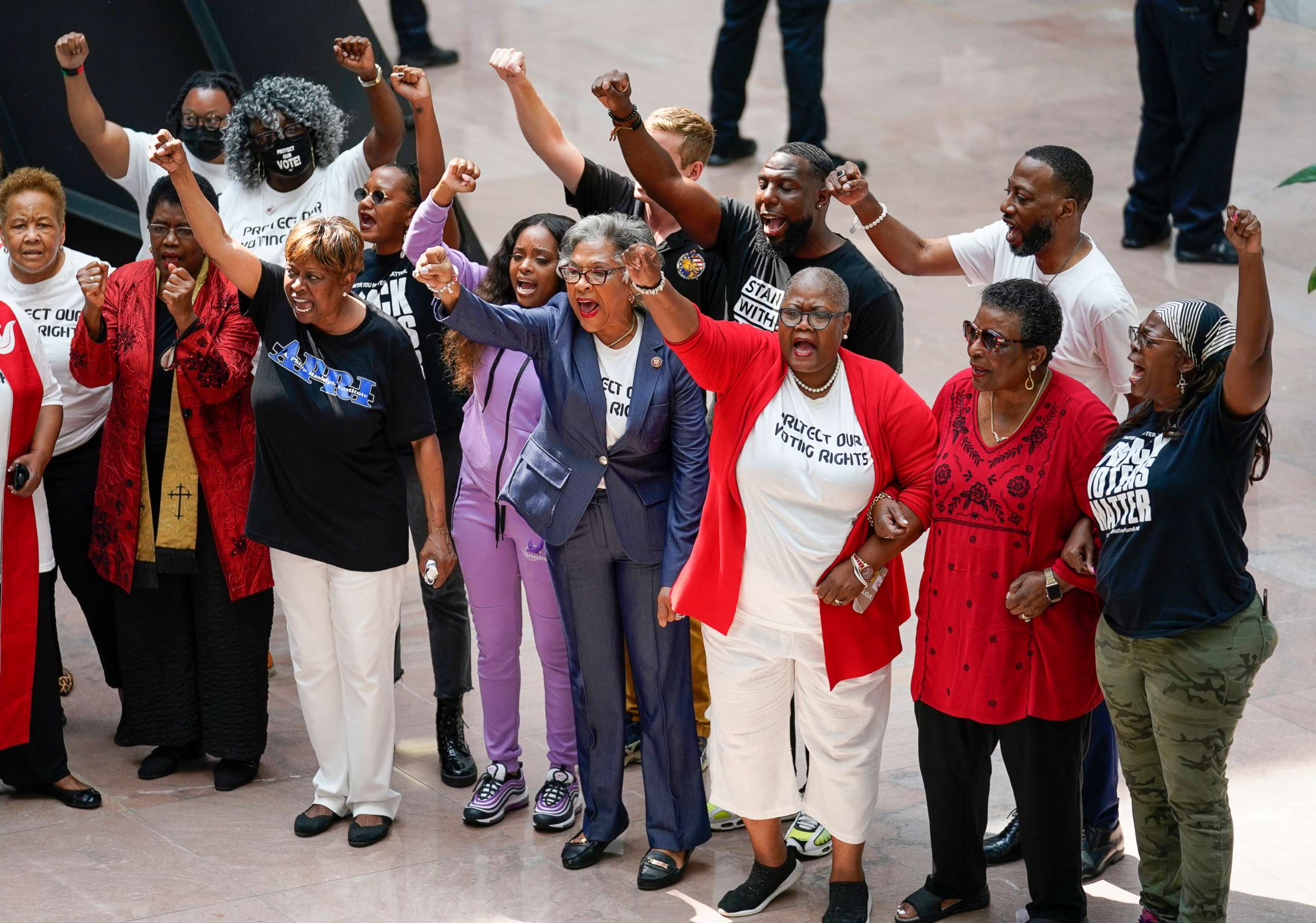 PHOTO: Rep. Joyce Beatty, chair of the Congressional Black Caucus, and other activists lead a peaceful demonstration to advocate for voting rights, in the Hart Senate Office Building, July 15, 2021, in Washington, D.C.