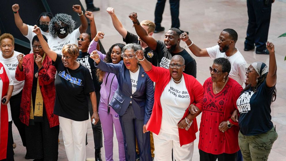 PHOTO: Rep. Joyce Beatty, chair of the Congressional Black Caucus, and other activists lead a peaceful demonstration to advocate for voting rights, in the Hart Senate Office Building, July 15, 2021, in Washington, D.C.
