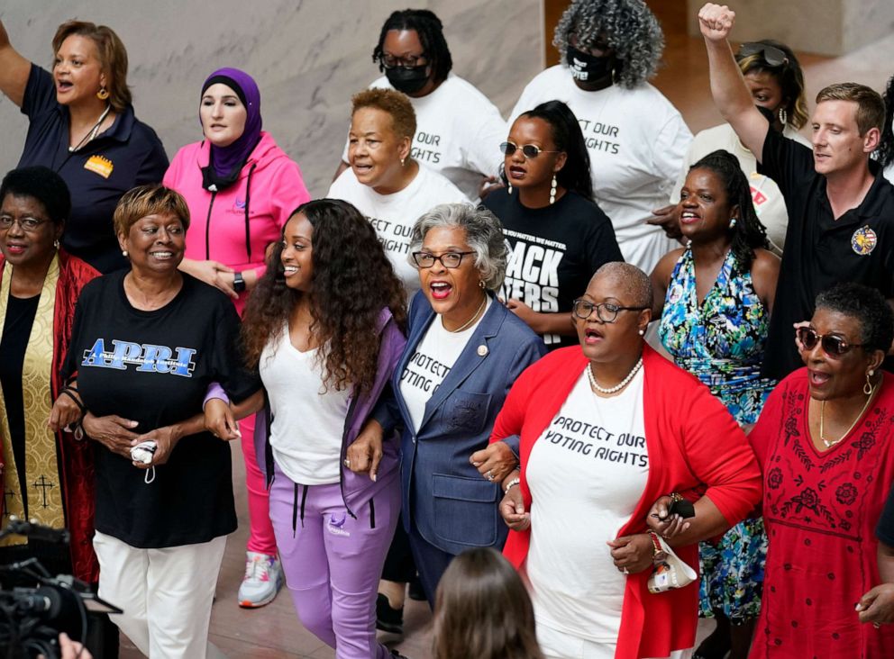 PHOTO: Rep. Joyce Beatty, chair of the Congressional Black Caucus, and other activists lead a peaceful demonstration to advocate for voting rights, in the Hart Senate Office Building on Capitol Hill in Washington, D.C., July 15, 2021.