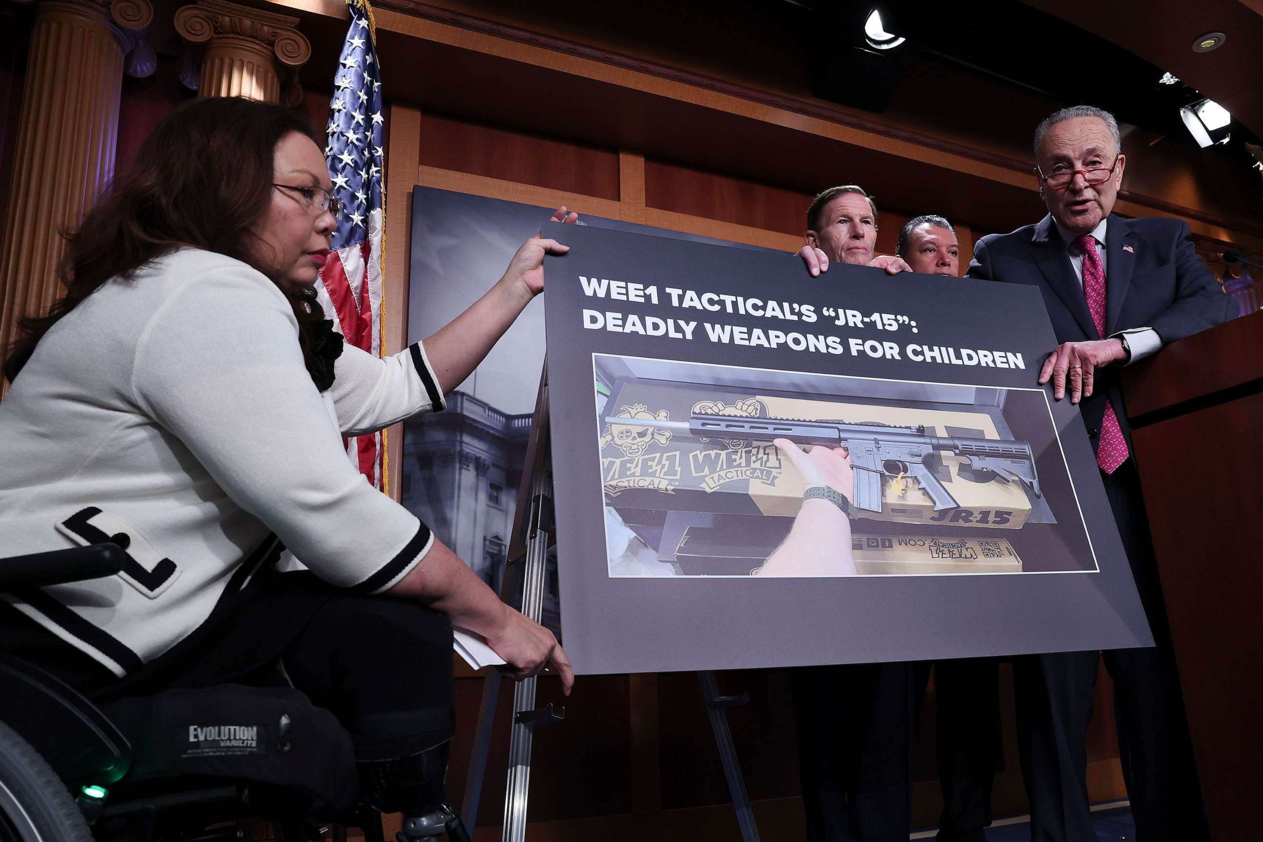 PHOTO: Senate Majority Leader Chuck Schumer (D-NY) joins with other Democratic members of the Senate at a U.S. Capitol press conference condemning WEE1 Tactical's "JR-15" rifle marketed to children Jan. 26, 2023 in Washington, DC.