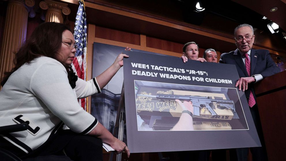 PHOTO: Senate Majority Leader Chuck Schumer (D-NY) joins with other Democratic members of the Senate at a U.S. Capitol press conference condemning WEE1 Tactical's "JR-15" rifle marketed to children Jan. 26, 2023 in Washington, DC.