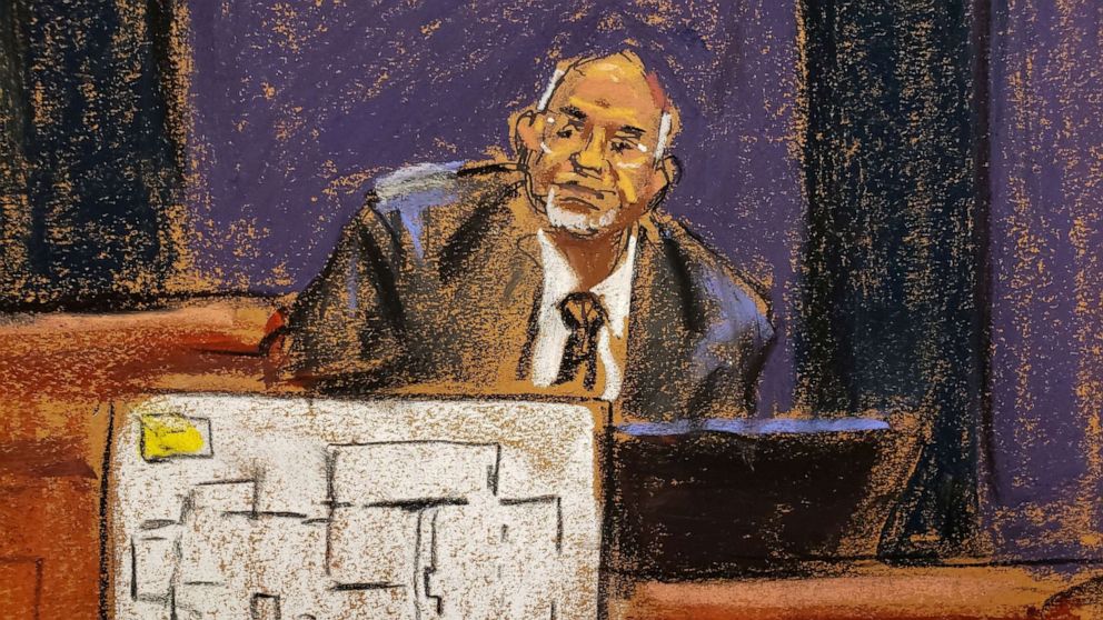 PHOTO: Juan Alessi, Jeffrey Epstein's house manager, is questioned by a prosecutor as floor plans of Epstein's house are shown on a screen during the trial of Ghislaine Maxwell in a courtroom sketch in New York City, Dec. 2, 2021.