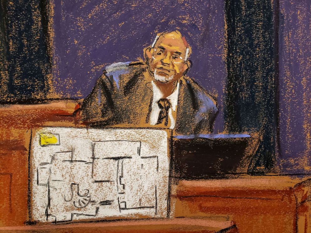 PHOTO: Juan Alessi, Jeffrey Epstein's house manager, is questioned by a prosecutor as floor plans of Epstein's house are shown on a screen during the trial of Ghislaine Maxwell in a courtroom sketch in New York City, Dec. 2, 2021.